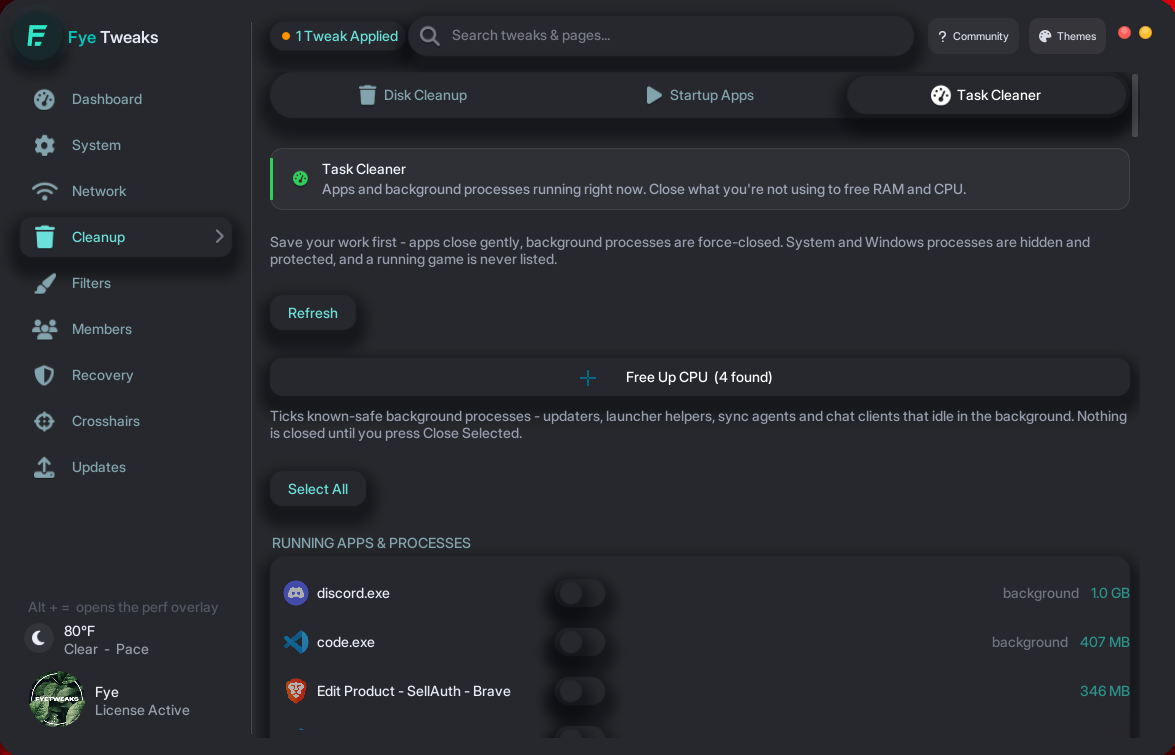 Fye Tweaks Cleanup page for removing bloat and temporary files