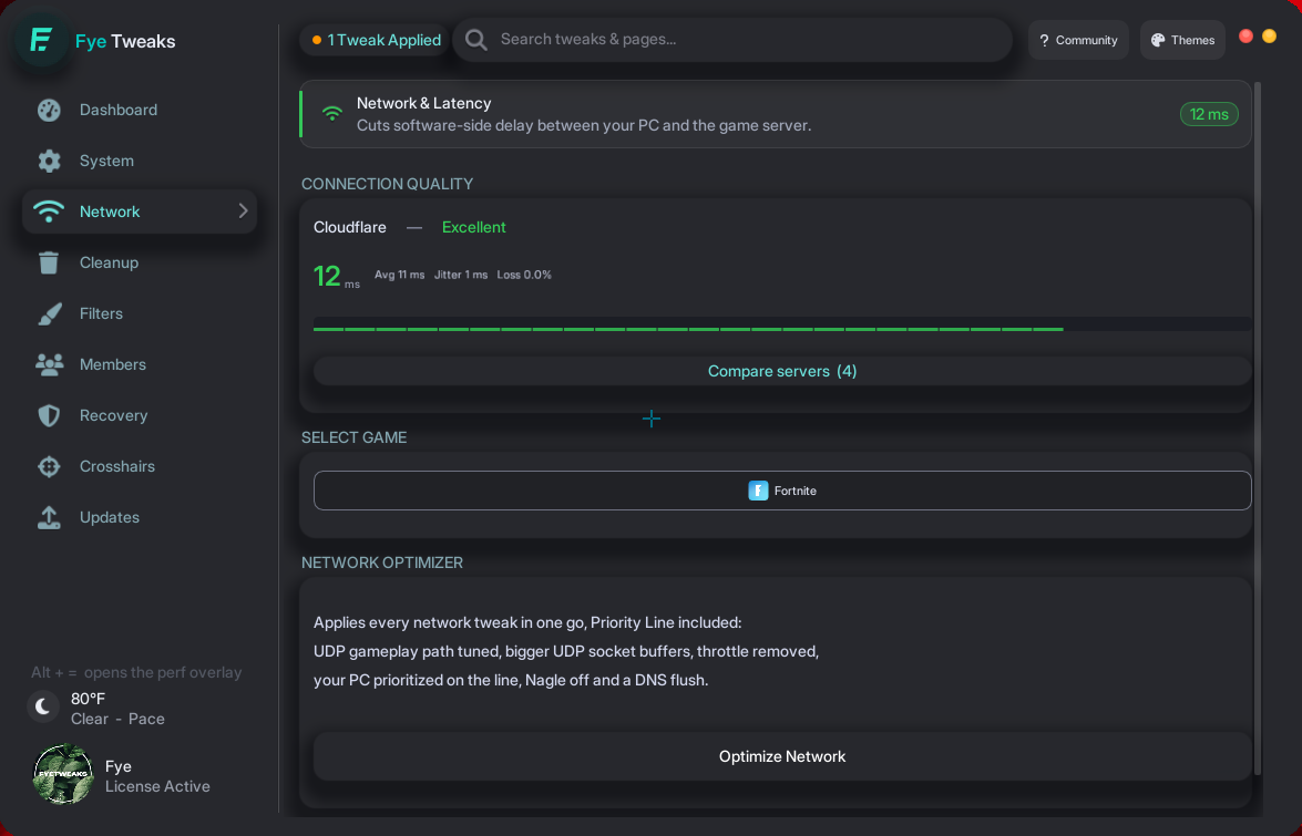 Fye Tweaks Network page with latency and connection tweaks